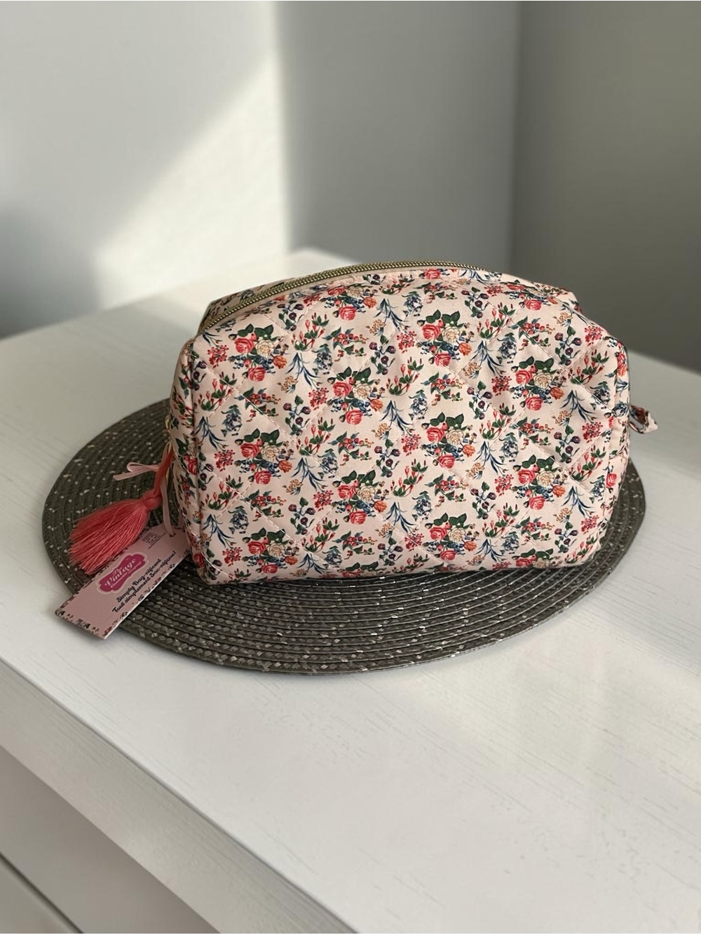 Floral Pink Travel Cosmetic Bag with Tassel
